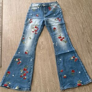 Oli & Hali Blue Strawberry Embroidered Flare Jeans